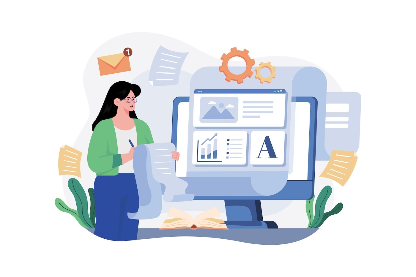 Desenho ilustra uma mulher trabalhando com monetização na internet